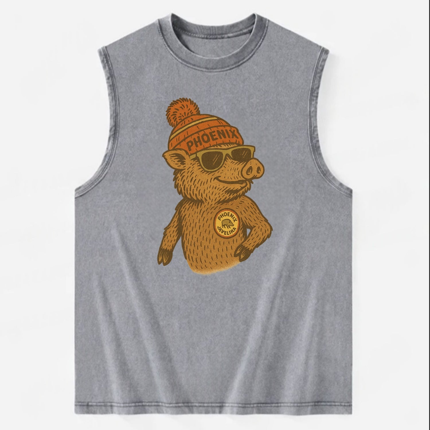 Phoenix Javelina wearing Phoenix beanie with pom pom and wayfarer sunglasses - Vintage Washed Tank - Grey