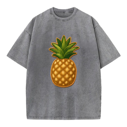 PINEAPPLE CROWN - tropical fruit in yellow and green , hospitality - Vintage T-shirt - Grey