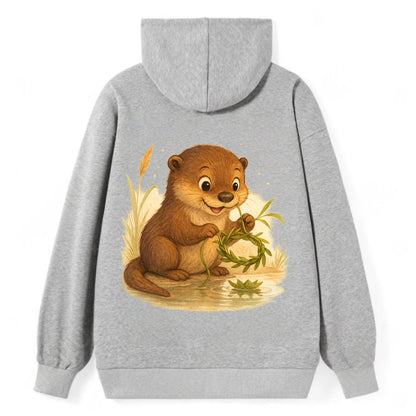 Otter weaving river reeds into a floating crown beside mirror-still water - Classic Pullover Hoodie - Grey