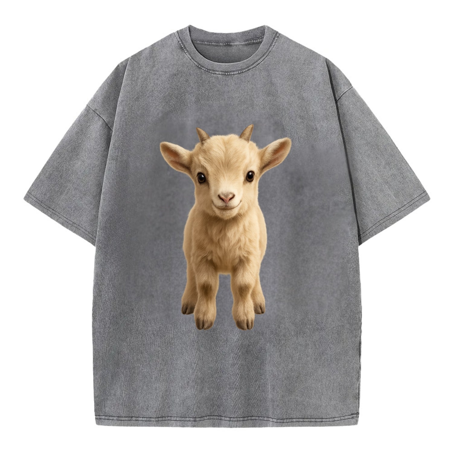 Baby Goat Kid - small horns, rectangular pupils, fluffy, playful eyes, - Vintage T-shirt - Grey