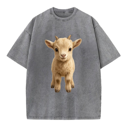 Baby Goat Kid - small horns, rectangular pupils, fluffy, playful eyes, - Vintage T-shirt - Grey
