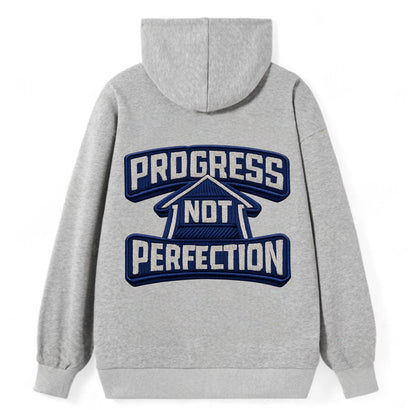 PROGRESS NOT PERFECTION - arrow with text in blue , growth mindset - Classic Pullover Hoodie - Grey