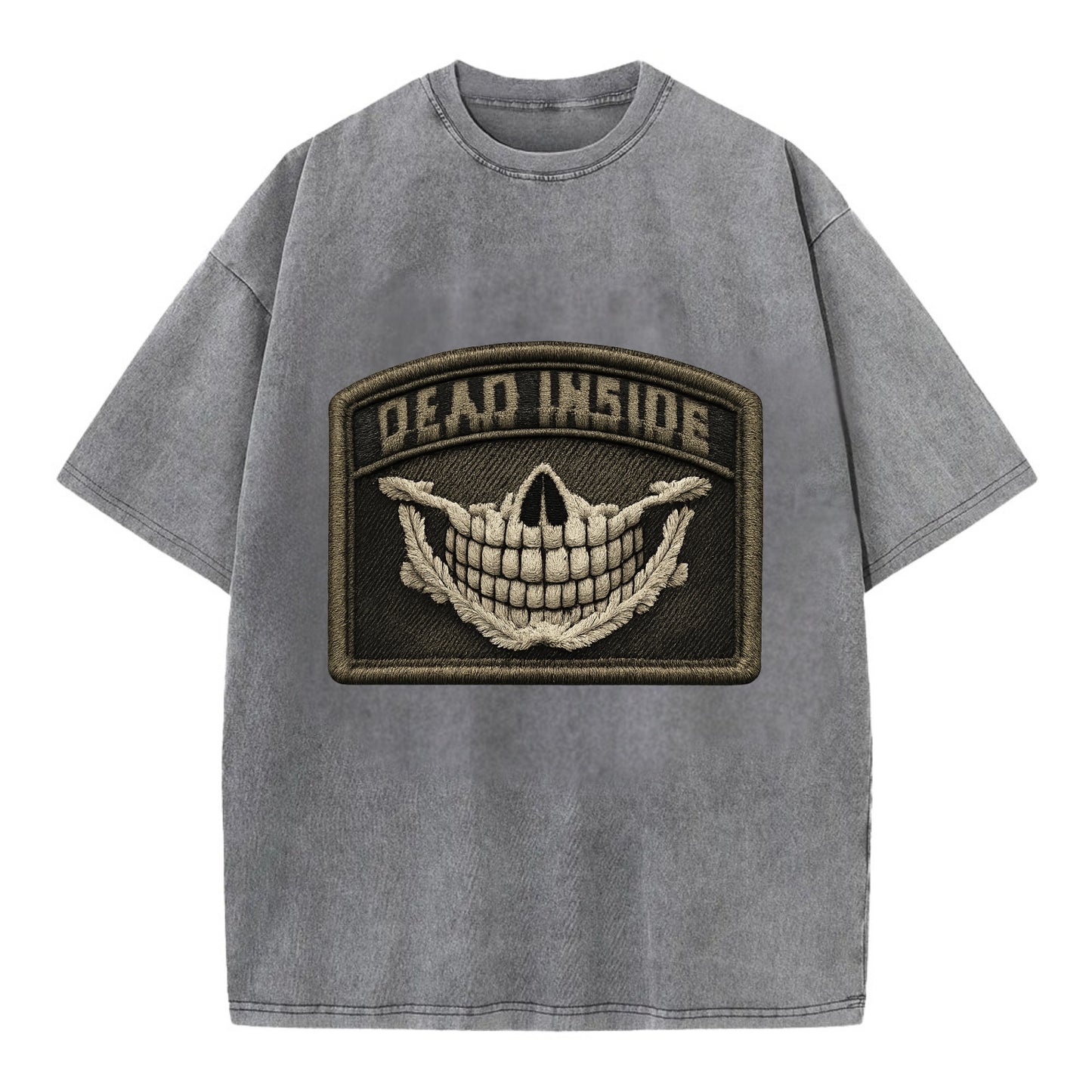 DEAD INSIDE SMILE - skeleton smile in white , dark humor - Vintage T-shirt - Grey