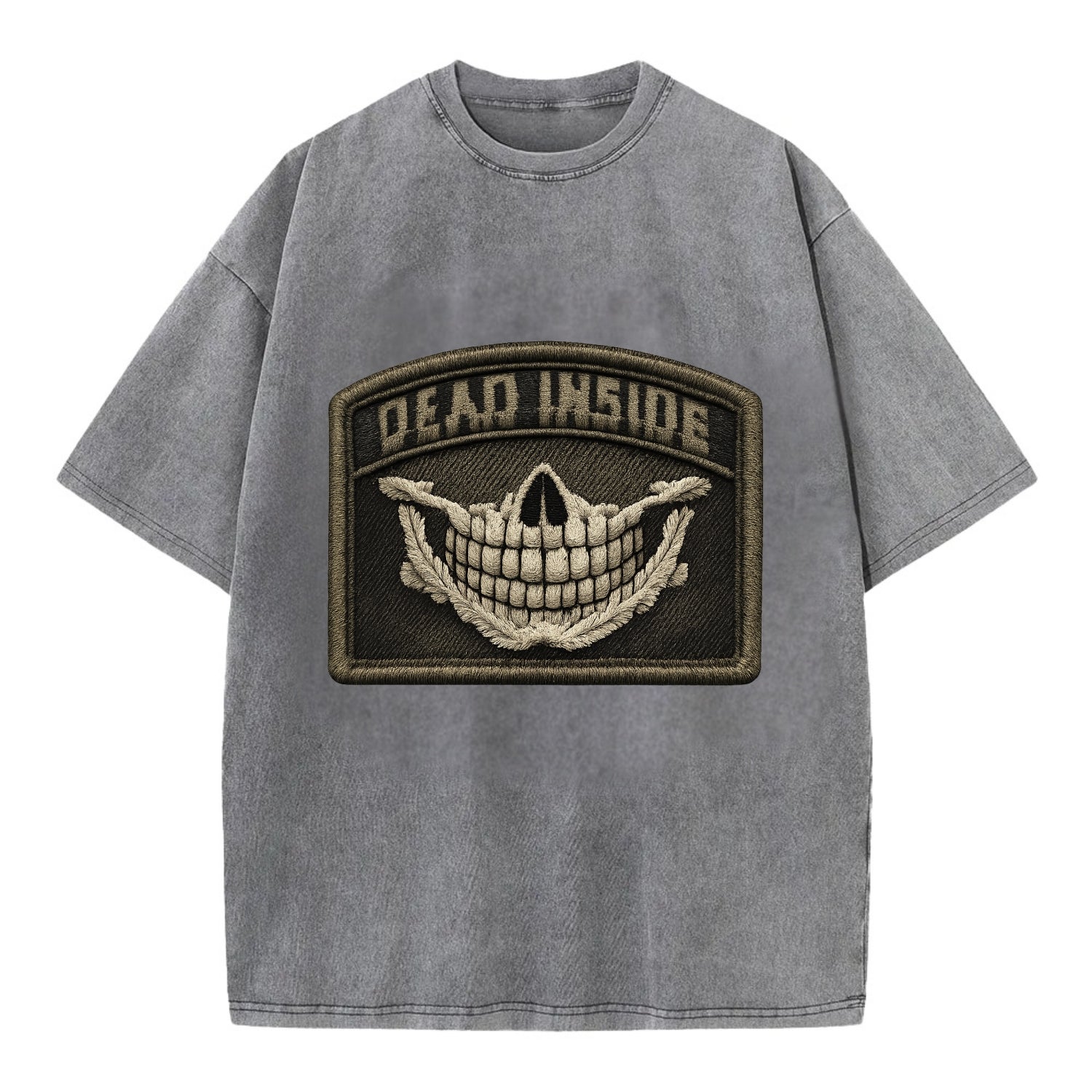 DEAD INSIDE SMILE - skeleton smile in white , dark humor - Vintage T-shirt - Grey