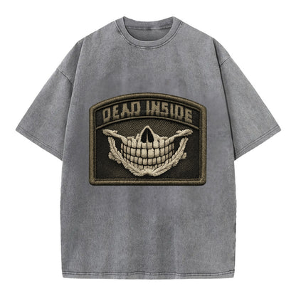 DEAD INSIDE SMILE - skeleton smile in white , dark humor - Vintage T-shirt - Grey