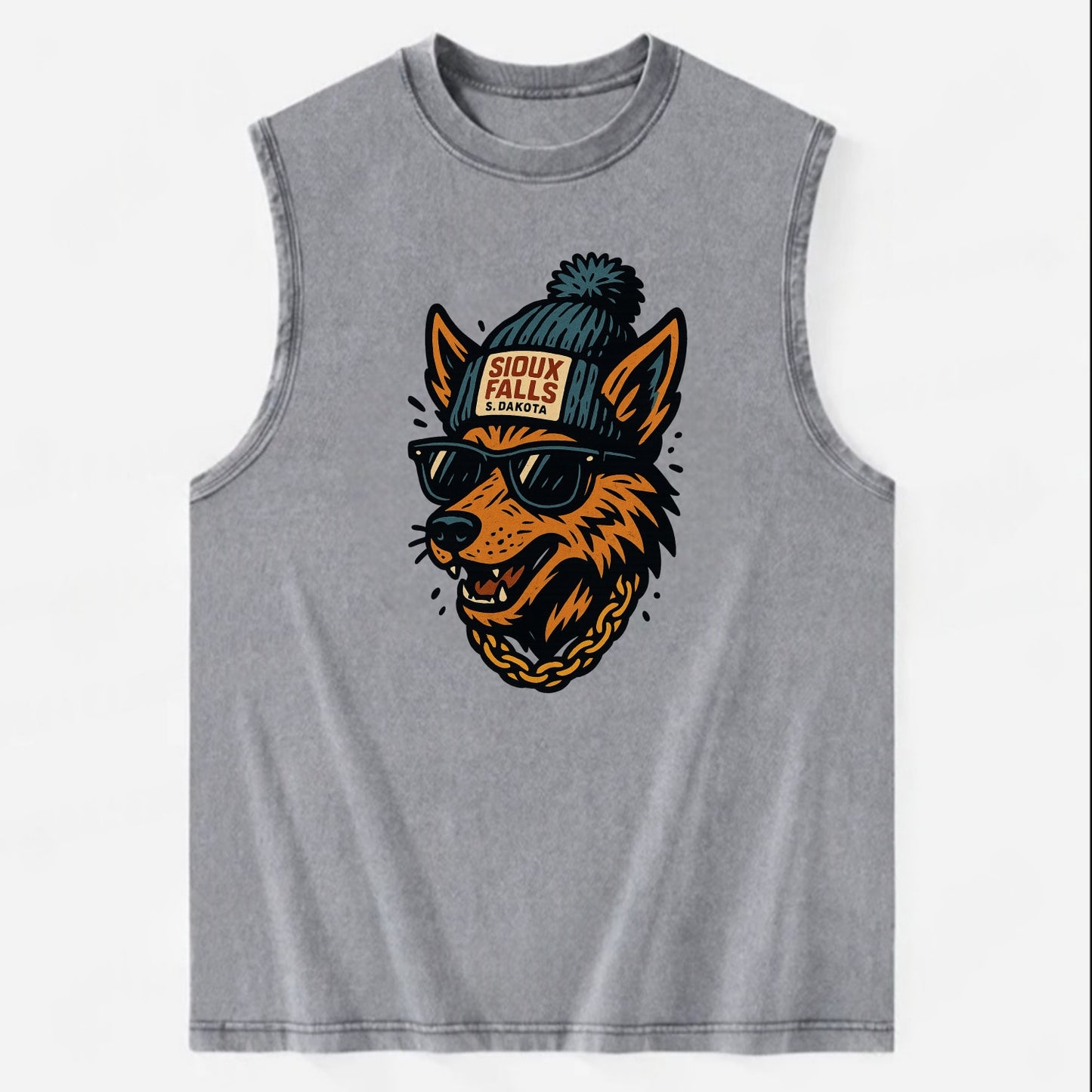 South Dakota Coyote wearing Sioux Falls beanie with pom pom and wayfarer - Vintage Washed Tank - Grey
