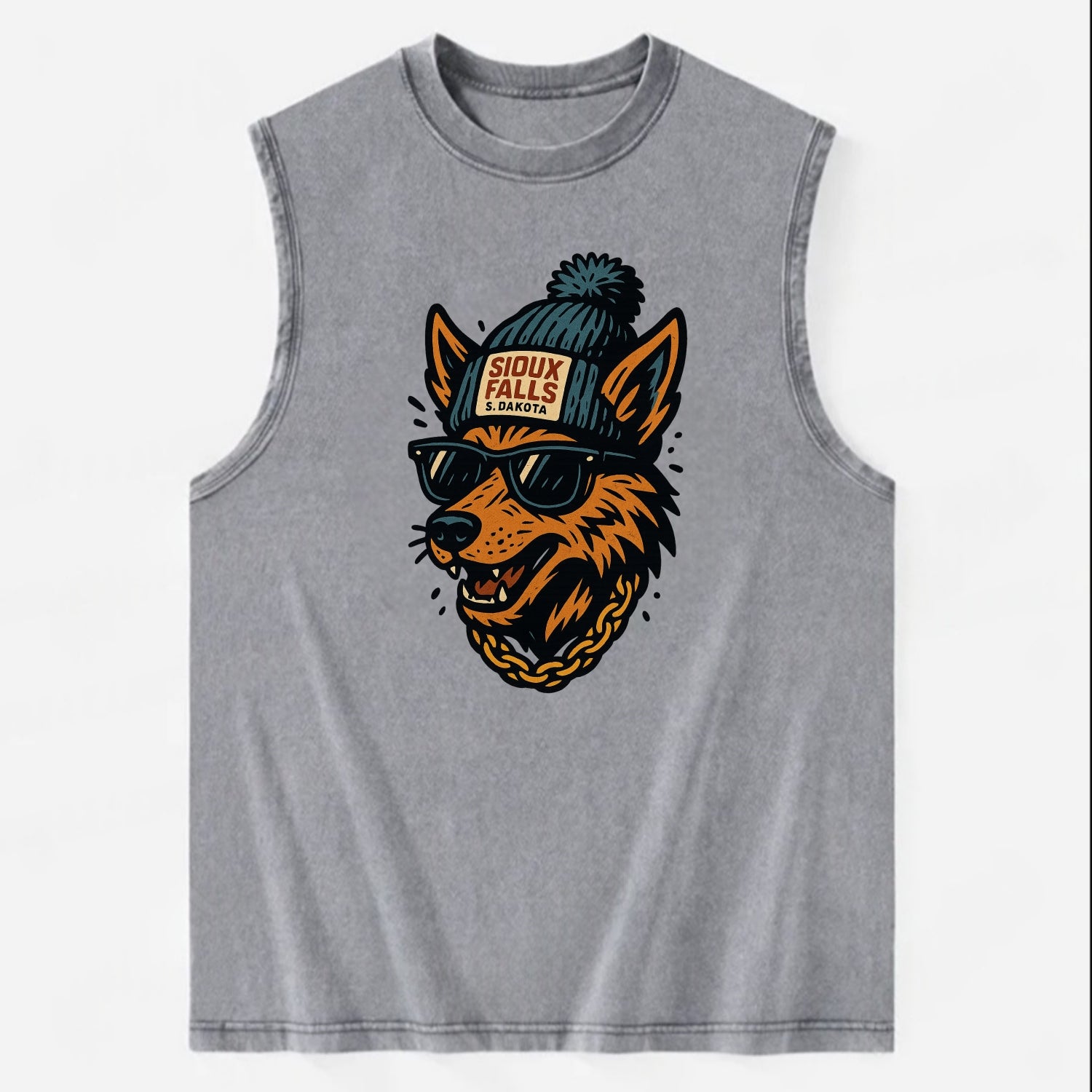 South Dakota Coyote wearing Sioux Falls beanie with pom pom and wayfarer - Vintage Washed Tank - Grey