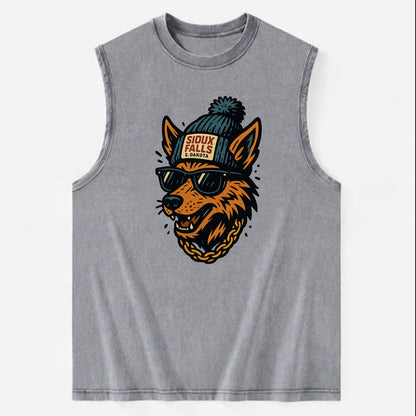 South Dakota Coyote wearing Sioux Falls beanie with pom pom and wayfarer - Vintage Washed Tank - Grey
