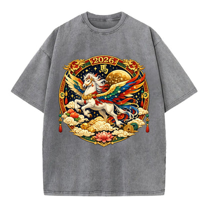 CELESTIAL HORSE | Heavenly horse among clouds and stars | Wings of flowing energy - Vintage T-shirt - Grey