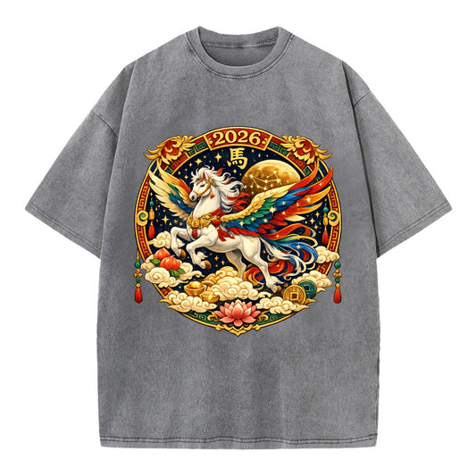 CELESTIAL HORSE | Heavenly horse among clouds and stars | Wings of flowing energy - Vintage T-shirt - Grey