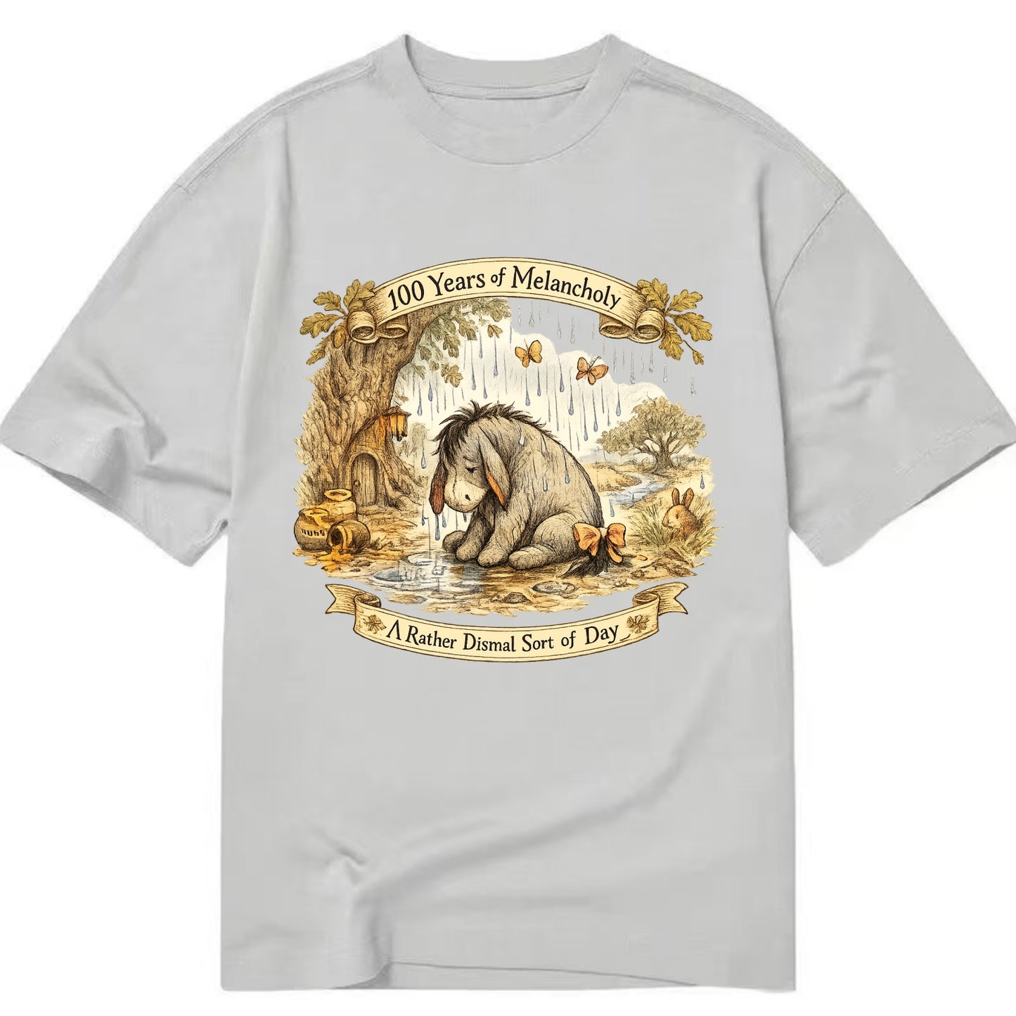 GLOOMY GLEN | Droopy figure in rain | Tattered tail bow | Pessimistic poetry | - Classic T-shirt - Grey
