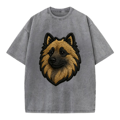 Keeshond - Contemporary spitz logo with - Vintage T-shirt - Grey