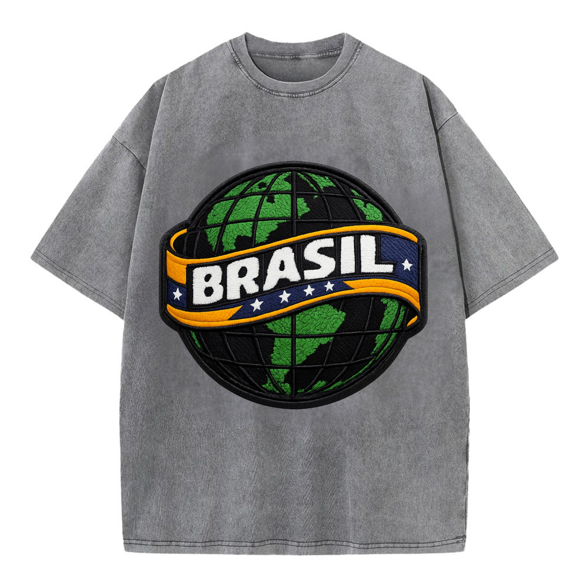 BRAZILIAN FLAG GLOBE - green globe with banner in green yellow blue , Brasil - Vintage T-shirt - Grey