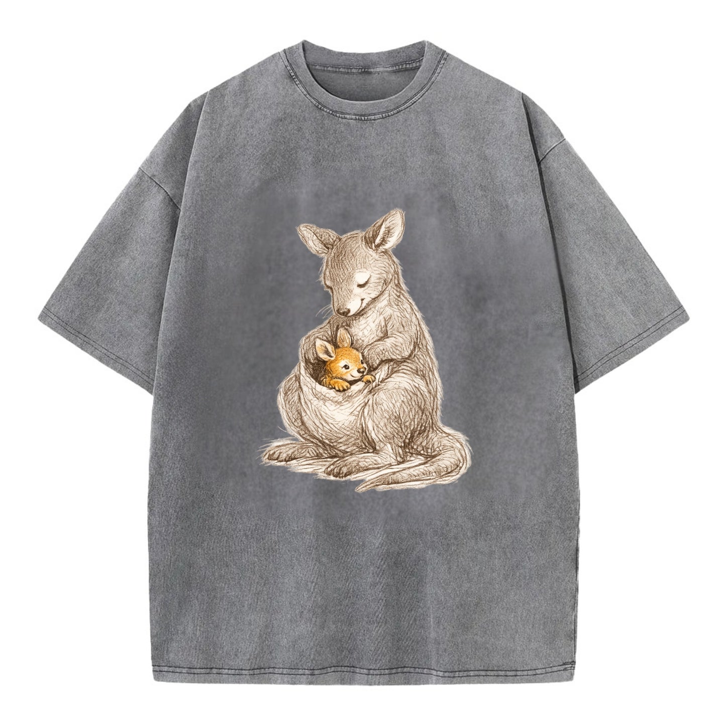 MOTHER'S POUCH | Kangaroo maternal embrace | Joey safe inside | Protective love | - Vintage T-shirt - Grey