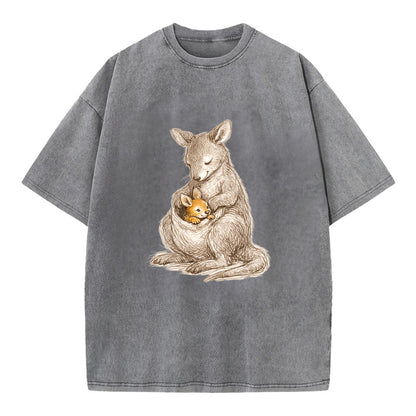 MOTHER'S POUCH | Kangaroo maternal embrace | Joey safe inside | Protective love | - Vintage T-shirt - Grey