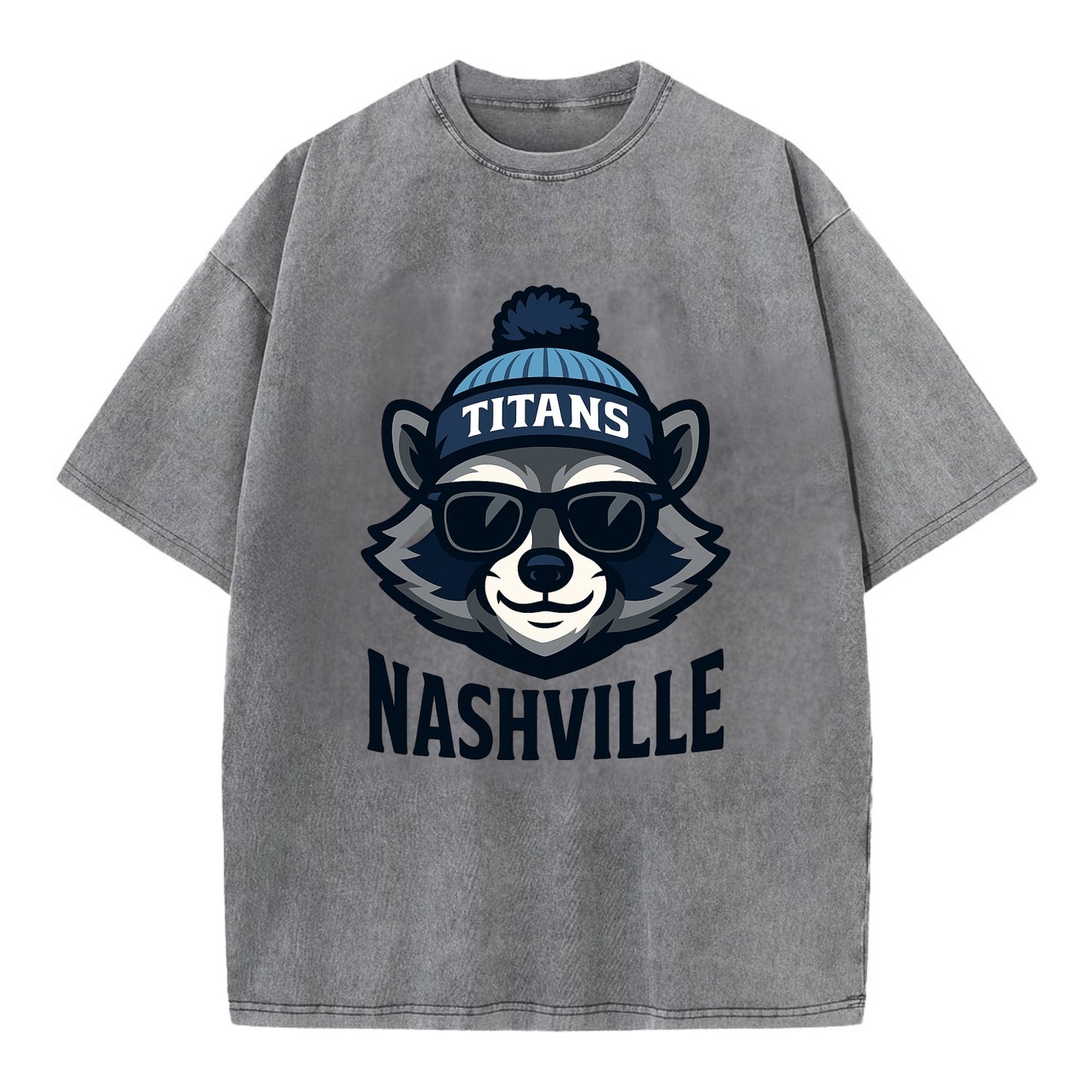 Nashville Raccoon wearing Titans navy and light blue beanie with pom pom and - Vintage T-shirt - Grey