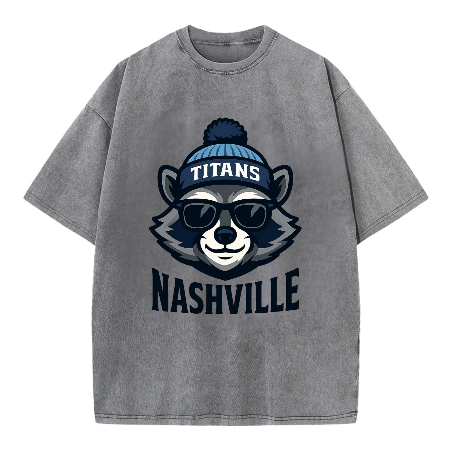 Nashville Raccoon wearing Titans navy and light blue beanie with pom pom and - Vintage T-shirt - Grey