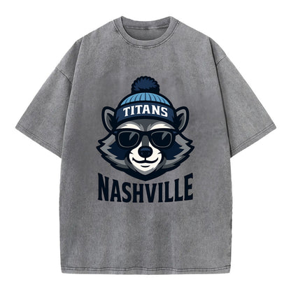 Nashville Raccoon wearing Titans navy and light blue beanie with pom pom and - Vintage T-shirt - Grey
