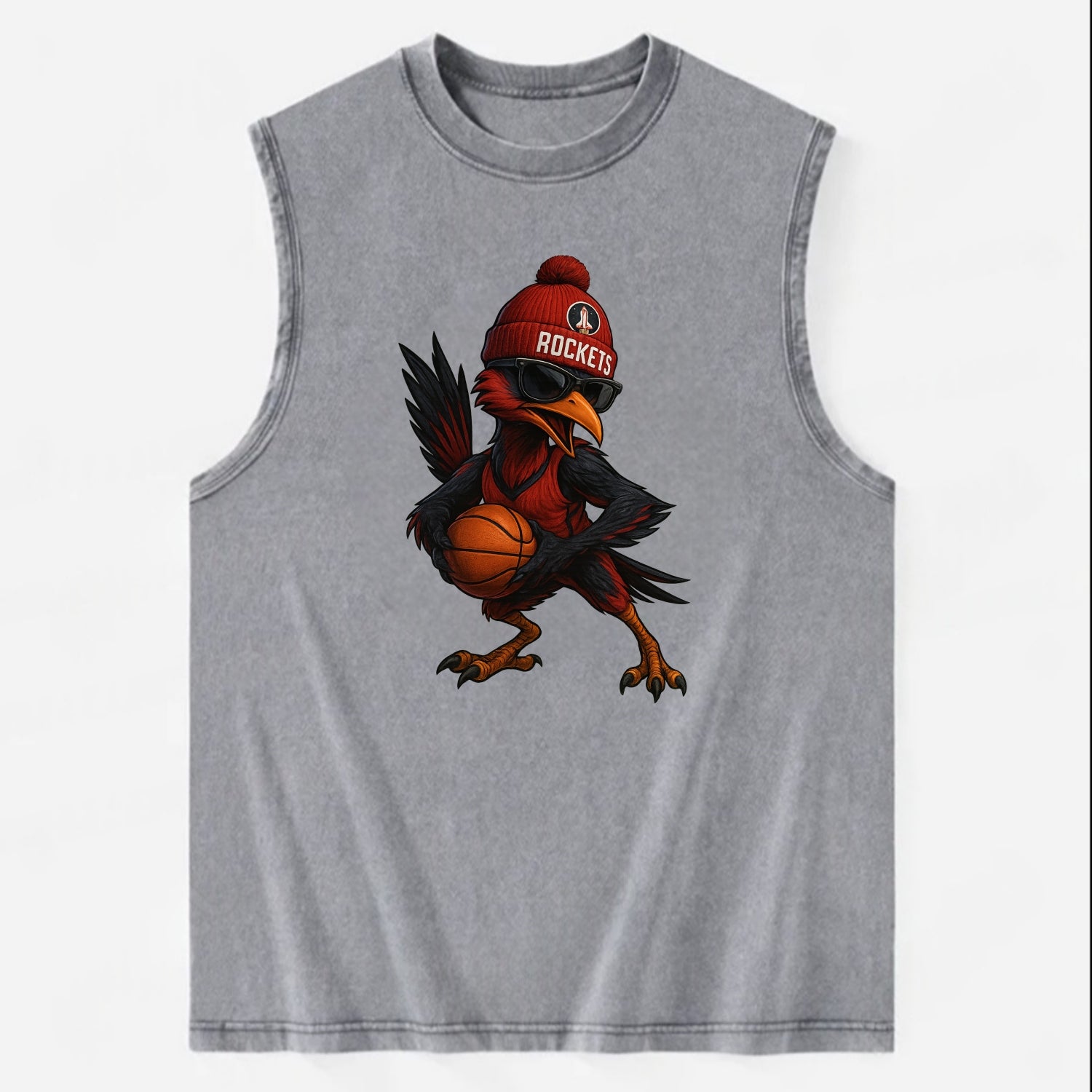 Houston Roadrunner wearing Rockets beanie with launch pad patch and wayfarer - Vintage Washed Tank - Grey