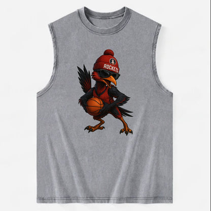 Houston Roadrunner wearing Rockets beanie with launch pad patch and wayfarer - Vintage Washed Tank - Grey
