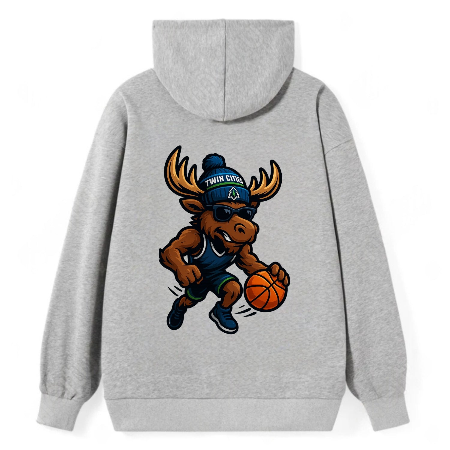Twin Cities Moose wearing Timberwolves beanie with pine tree patch and - Classic Pullover Hoodie - Grey