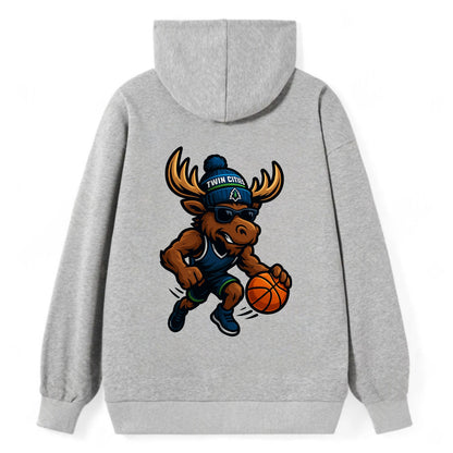 Twin Cities Moose wearing Timberwolves beanie with pine tree patch and - Classic Pullover Hoodie - Grey