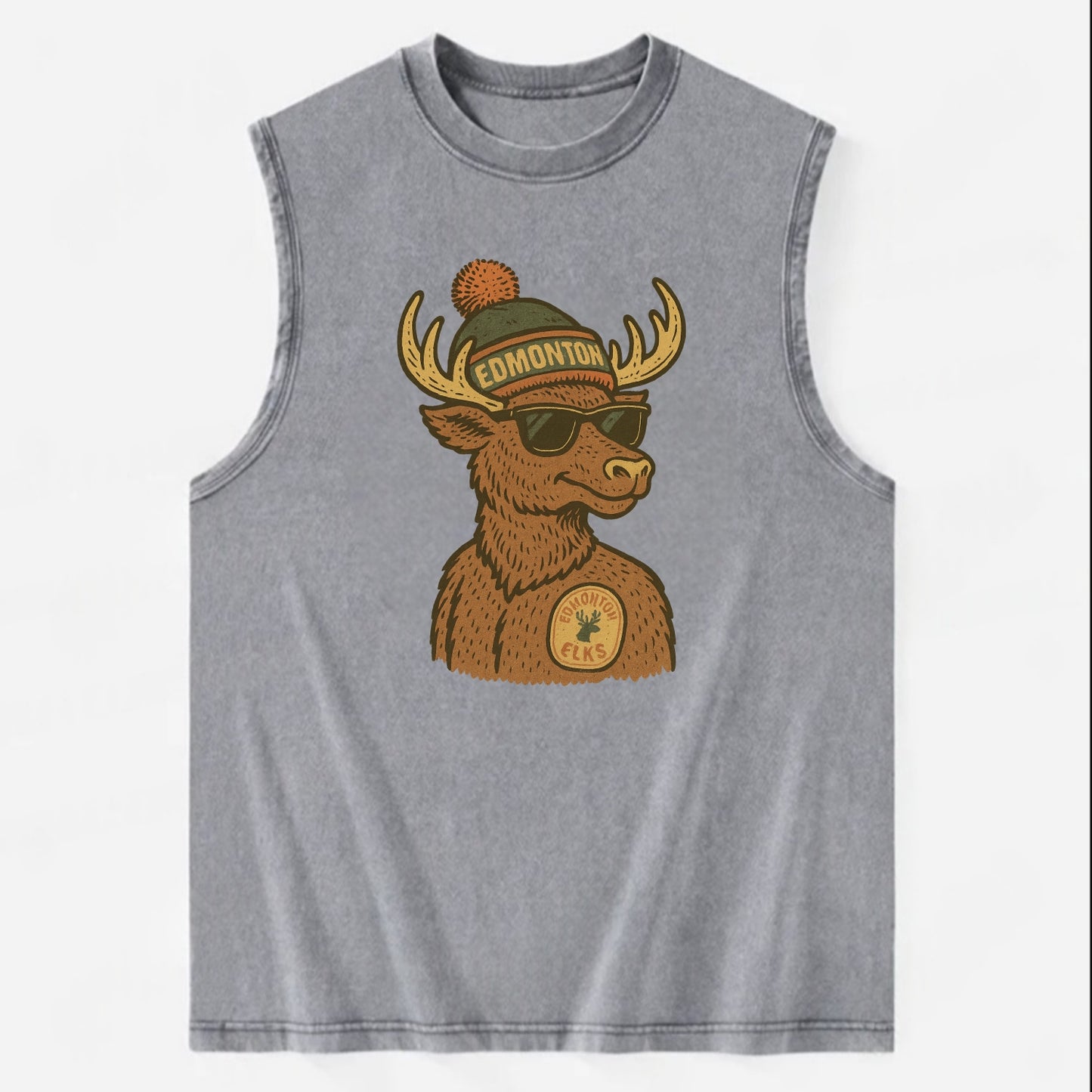 Edmonton Elk wearing Edmonton beanie with pom pom and wayfarer sunglasses - Vintage Washed Tank - Grey