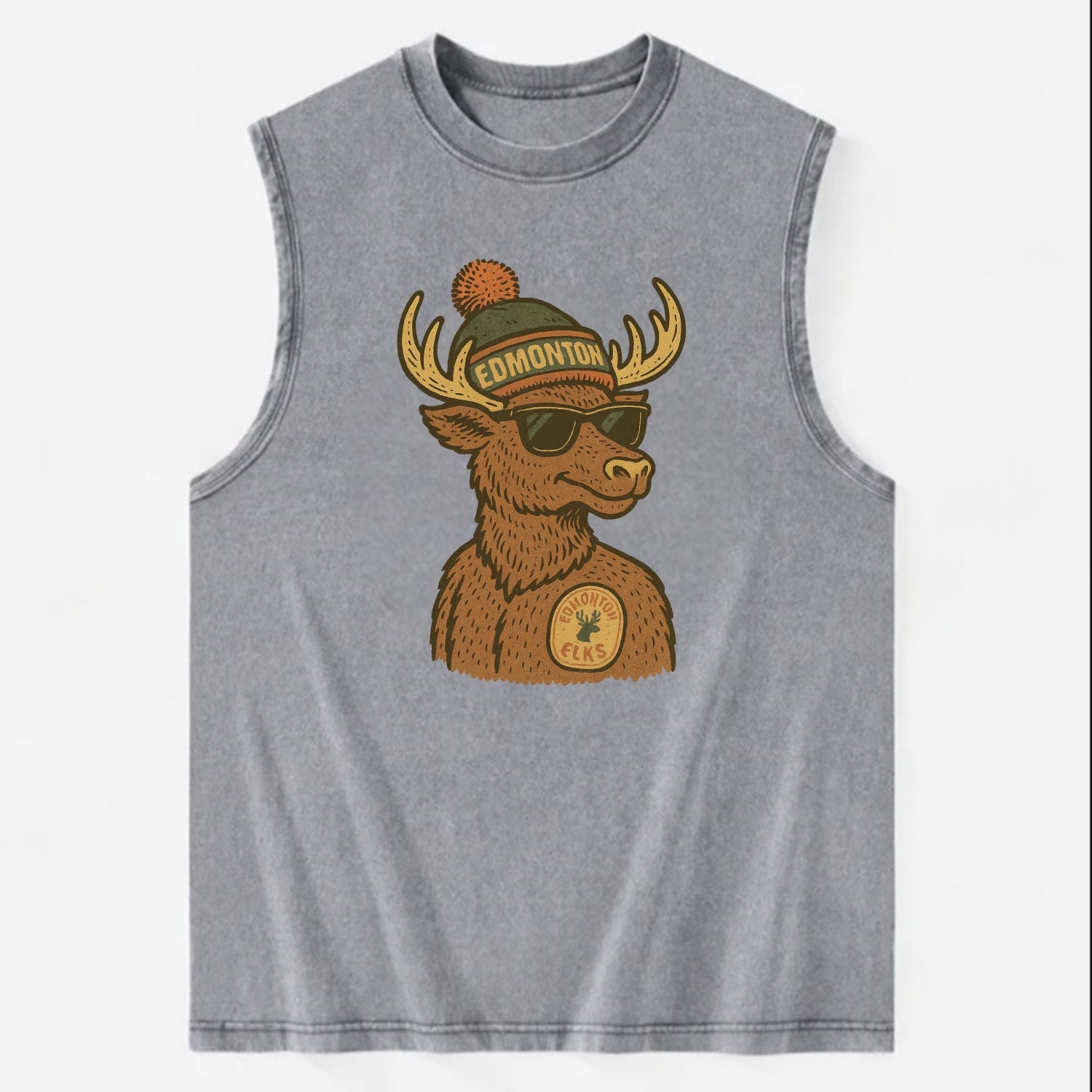 Edmonton Elk wearing Edmonton beanie with pom pom and wayfarer sunglasses - Vintage Washed Tank - Grey