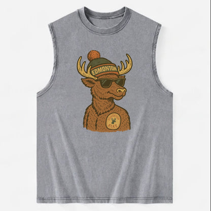 Edmonton Elk wearing Edmonton beanie with pom pom and wayfarer sunglasses - Vintage Washed Tank - Grey