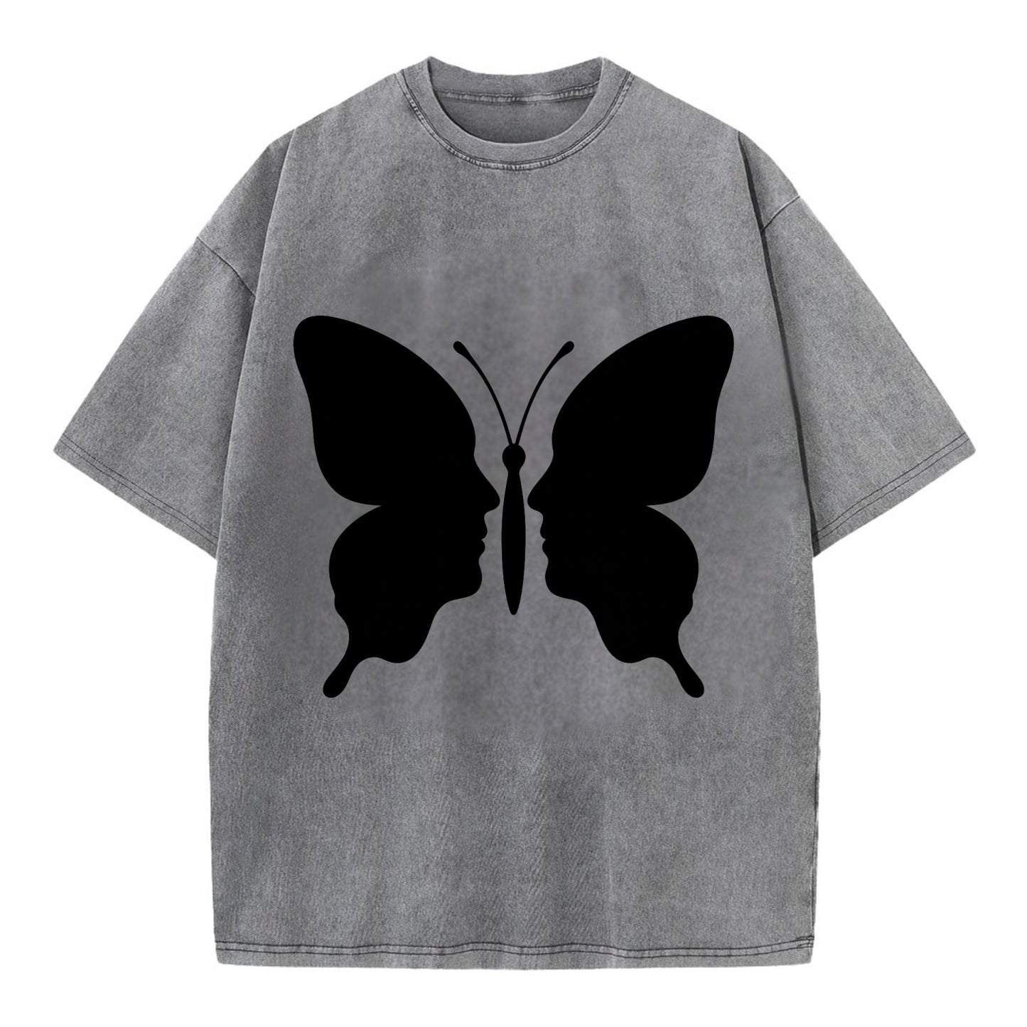 Butterfly wings - negative space reveals hidden faces or patterns - Vintage T-shirt - Grey