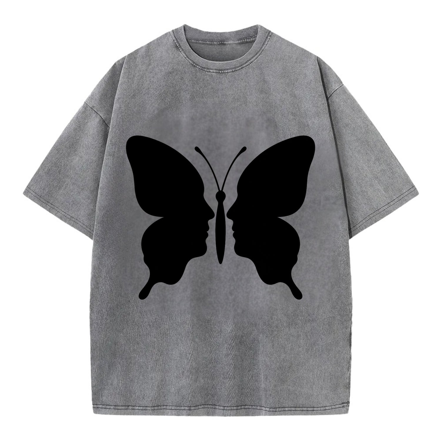 Butterfly wings - negative space reveals hidden faces or patterns - Vintage T-shirt - Grey