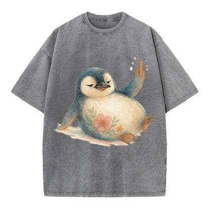 chubby penguin sliding on belly, one flipper up giving attitude - Vintage T-shirt - Grey