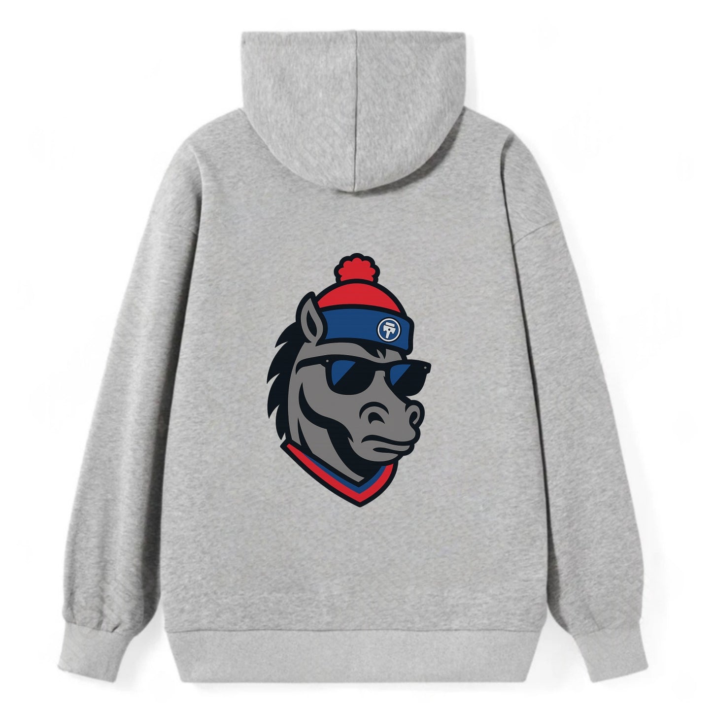 Detroit Stallion wearing Pistons red and blue beanie with piston patch - Classic Pullover Hoodie - Grey