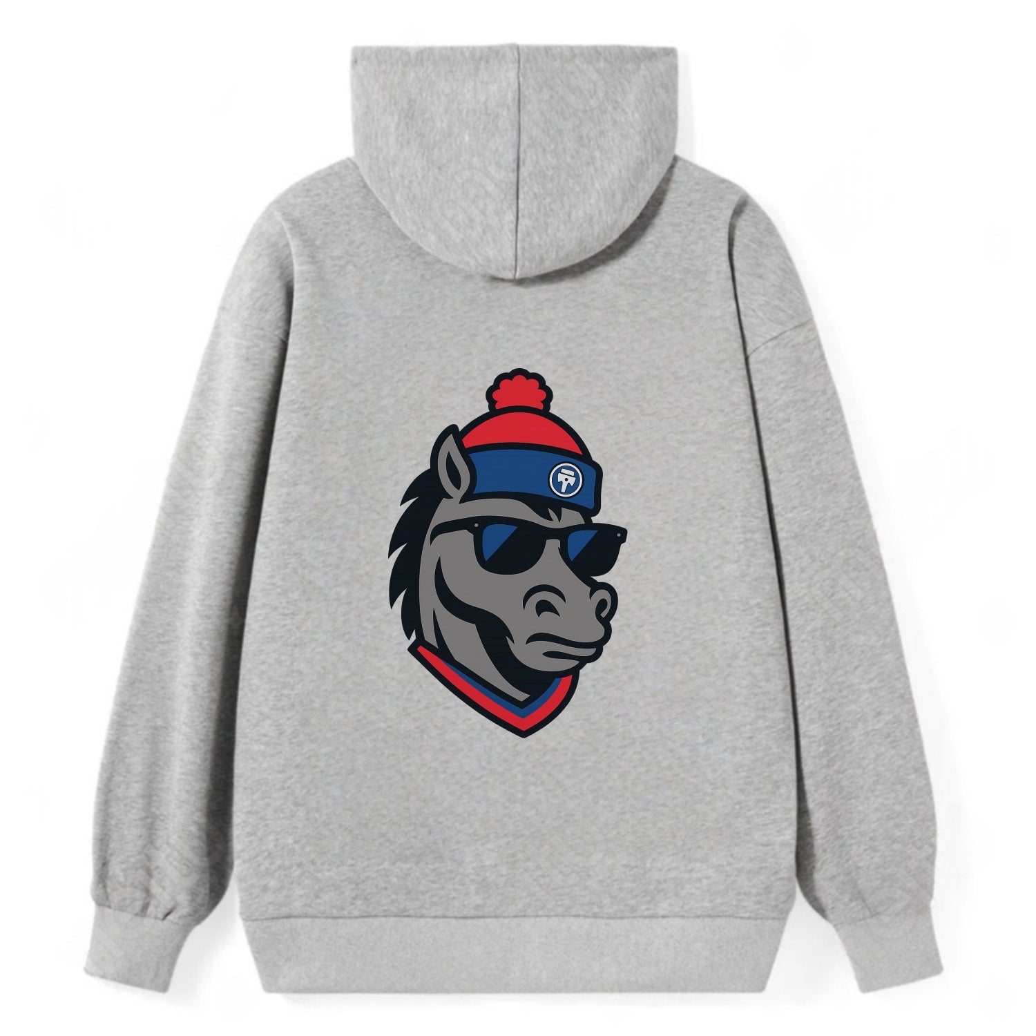 Detroit Stallion wearing Pistons red and blue beanie with piston patch - Classic Pullover Hoodie - Grey