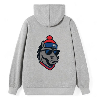 Detroit Stallion wearing Pistons red and blue beanie with piston patch - Classic Pullover Hoodie - Grey