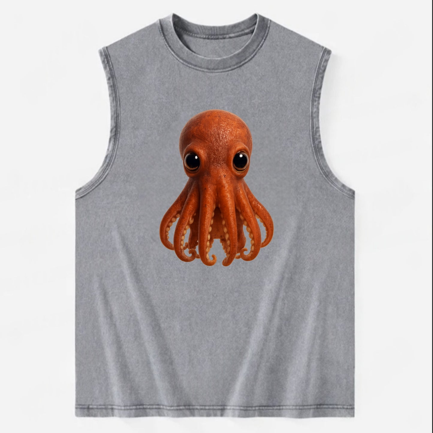 Baby Giant Pacific Octopus - reddish, smaller tentacles, expressive eyes, - Vintage Washed Tank - Grey