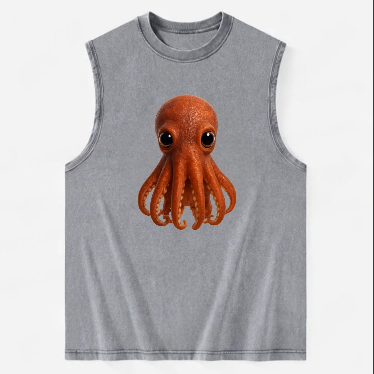 Baby Giant Pacific Octopus - reddish, smaller tentacles, expressive eyes, - Vintage Washed Tank - Grey