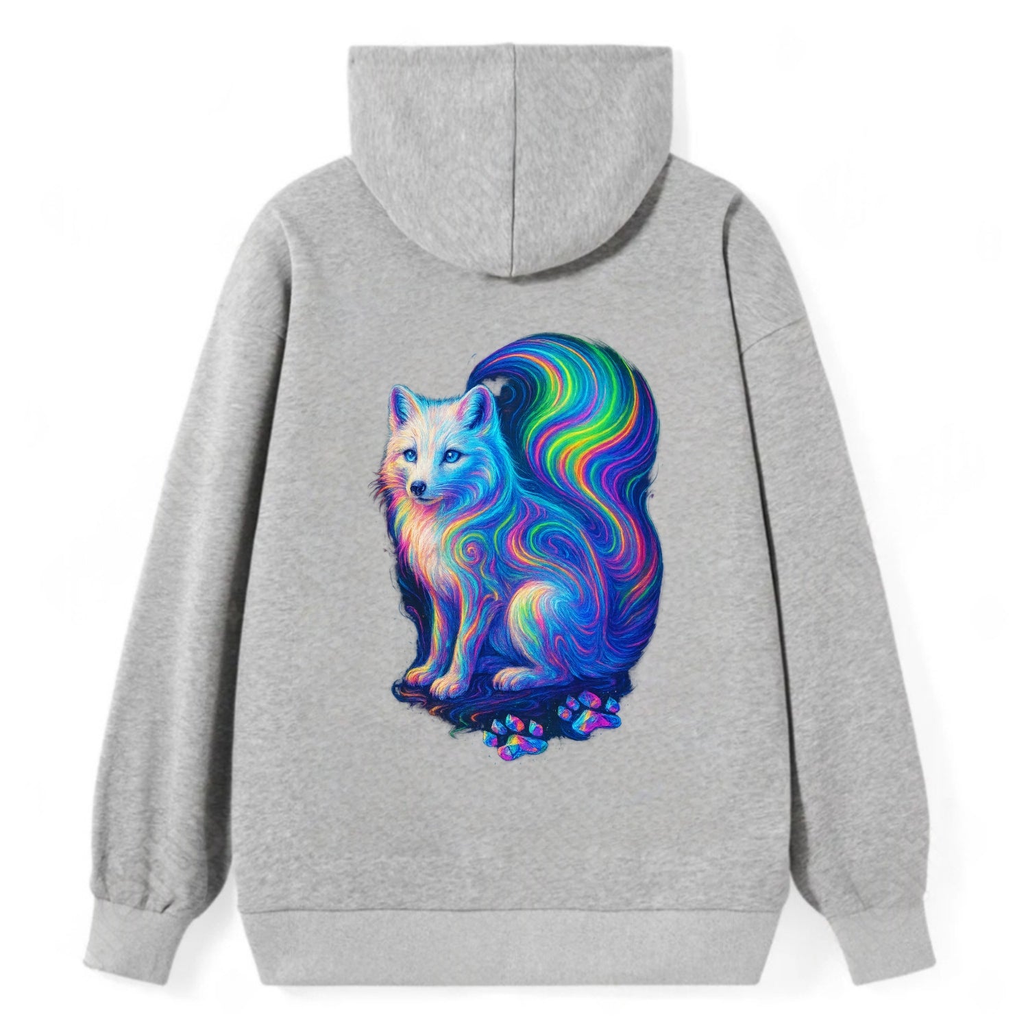 Graceful arctic fox with tail streaming aurora colors, white fur with - Classic Pullover Hoodie - Grey