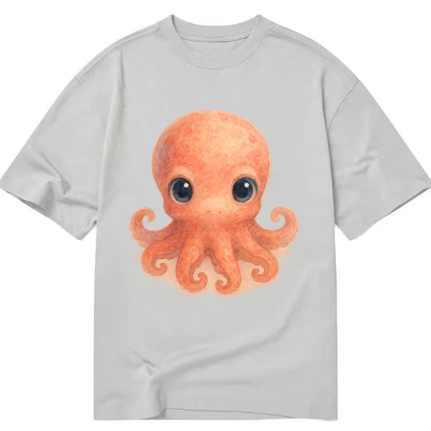 Baby Octopus - red-orange, eight tiny tentacles curled, large intelligent eyes, - Classic T-shirt - Grey
