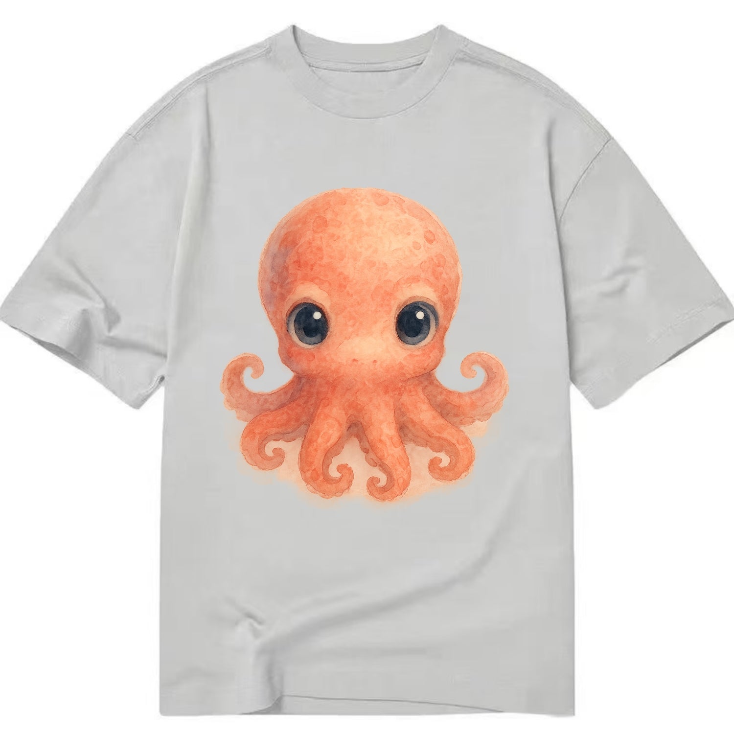 Baby Octopus - red-orange, eight tiny tentacles curled, large intelligent eyes, - Classic T-shirt - Grey