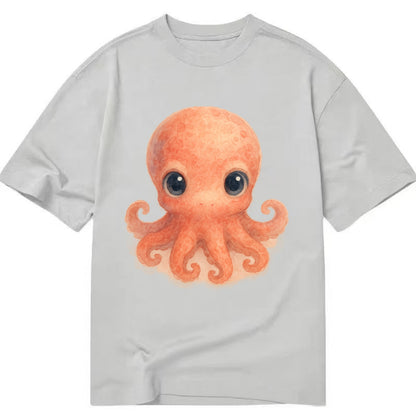 Baby Octopus - red-orange, eight tiny tentacles curled, large intelligent eyes, - Classic T-shirt - Grey