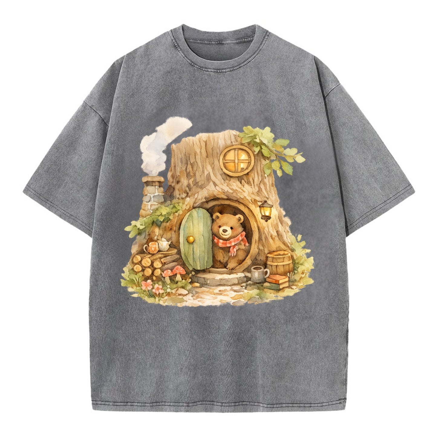 TREE HOME | Bear's home in hollow tree | Round door | Chimney smoke | Woodland - Vintage T-shirt - Grey