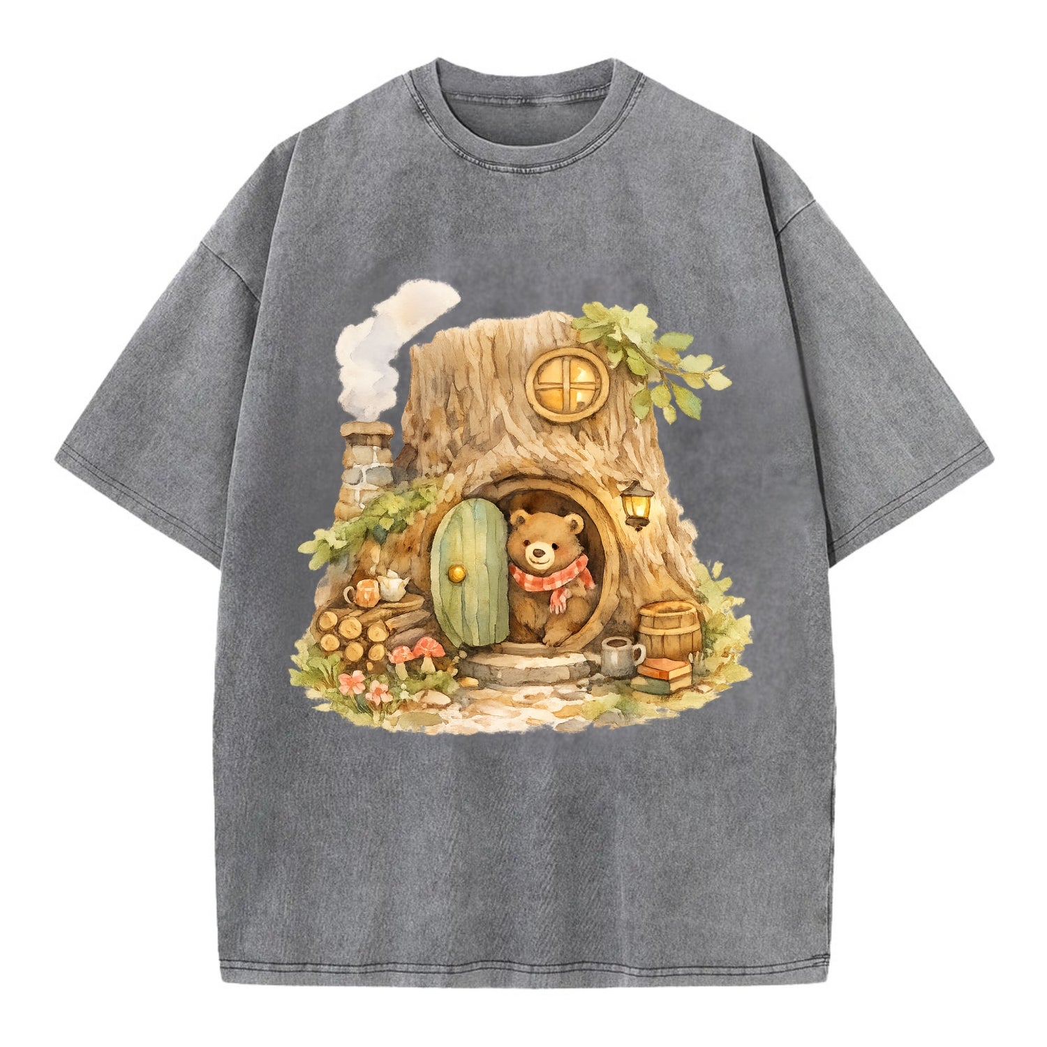 TREE HOME | Bear's home in hollow tree | Round door | Chimney smoke | Woodland - Vintage T-shirt - Grey