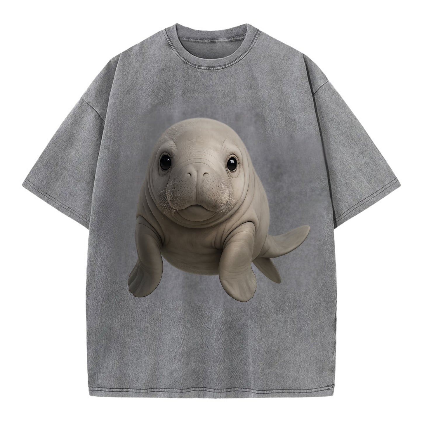 Baby Dugong - gray with paddle tail, gentle expression, whiskers, front-facing, - Vintage T-shirt - Grey