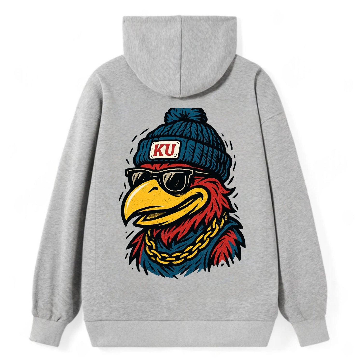 Lawrence Jayhawk wearing Kansas beanie with KU patch - Classic Pullover Hoodie - Grey