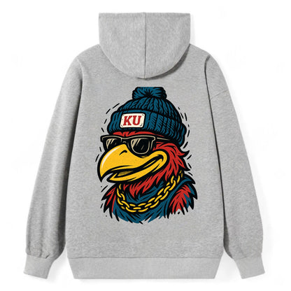 Lawrence Jayhawk wearing Kansas beanie with KU patch - Classic Pullover Hoodie - Grey