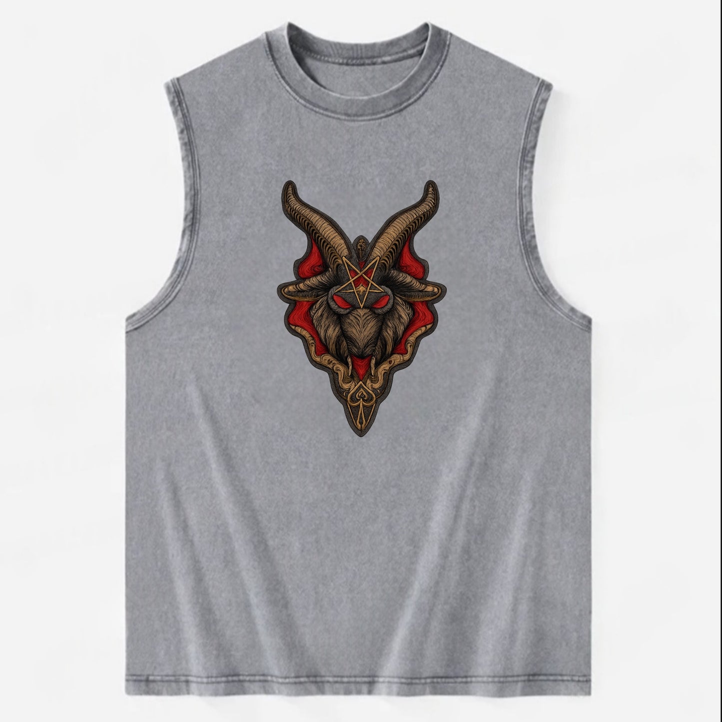 BAPHOMET HEAD - goat head symbol in black and red , occult - Vintage Washed Tank - Grey