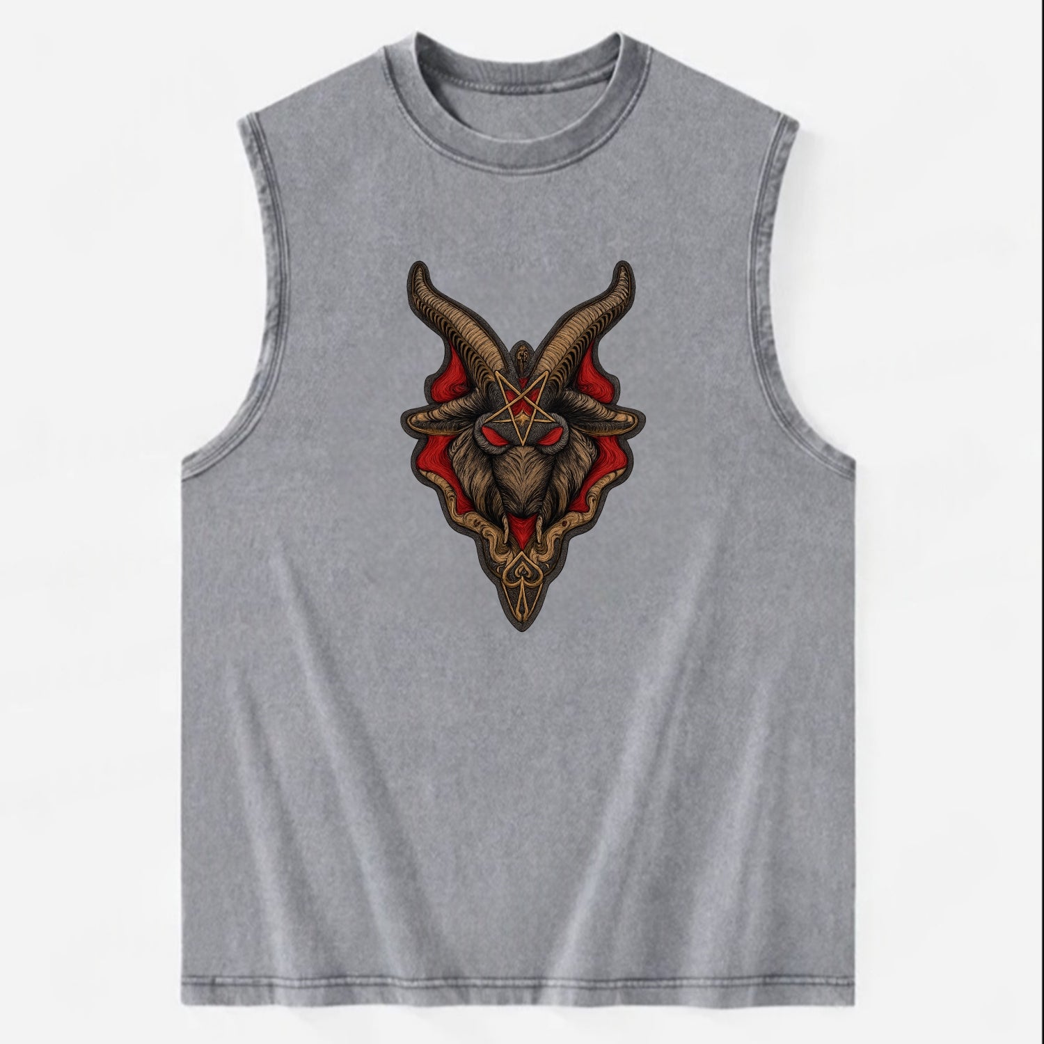 BAPHOMET HEAD - goat head symbol in black and red , occult - Vintage Washed Tank - Grey