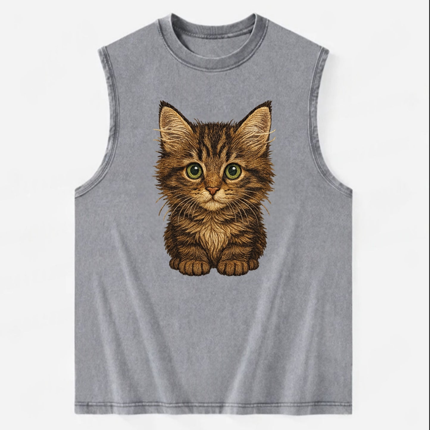 Baby Maine Coon Kitten - large fluffy tabby, tufted ears, big green eyes, - Vintage Washed Tank - Grey