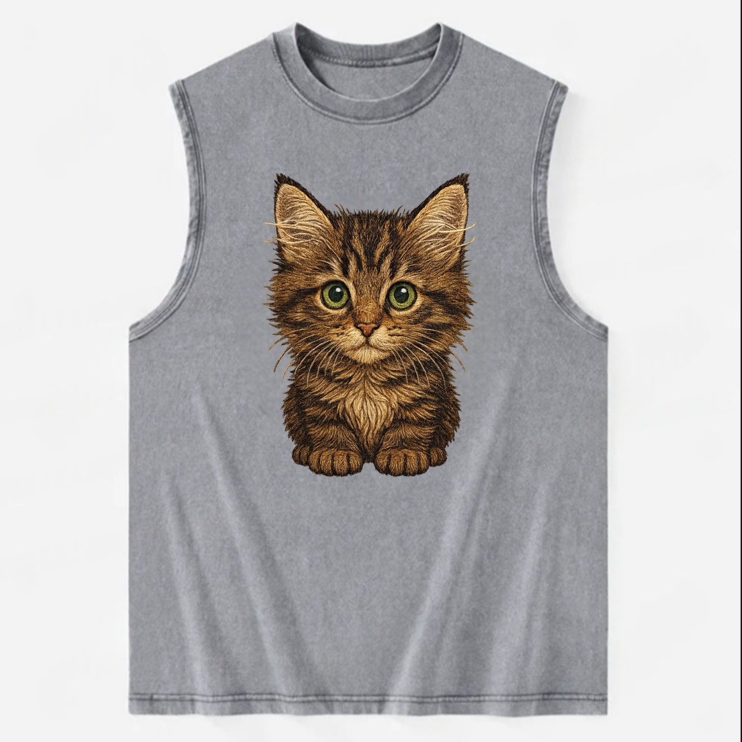 Baby Maine Coon Kitten - large fluffy tabby, tufted ears, big green eyes, - Vintage Washed Tank - Grey